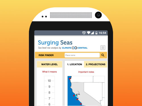 Screenshot of the “Surging Seas Surging Seas Risk Finder” webapp developed at Bocoup, displayed on a stylized illustration of a phone.